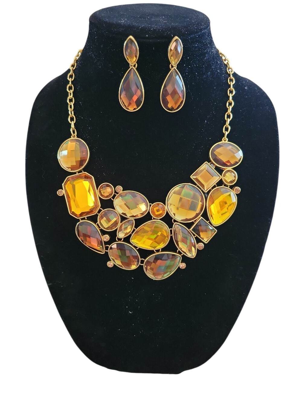 Vintage Joan Rivers Amber Bib Necklace & Earring Set